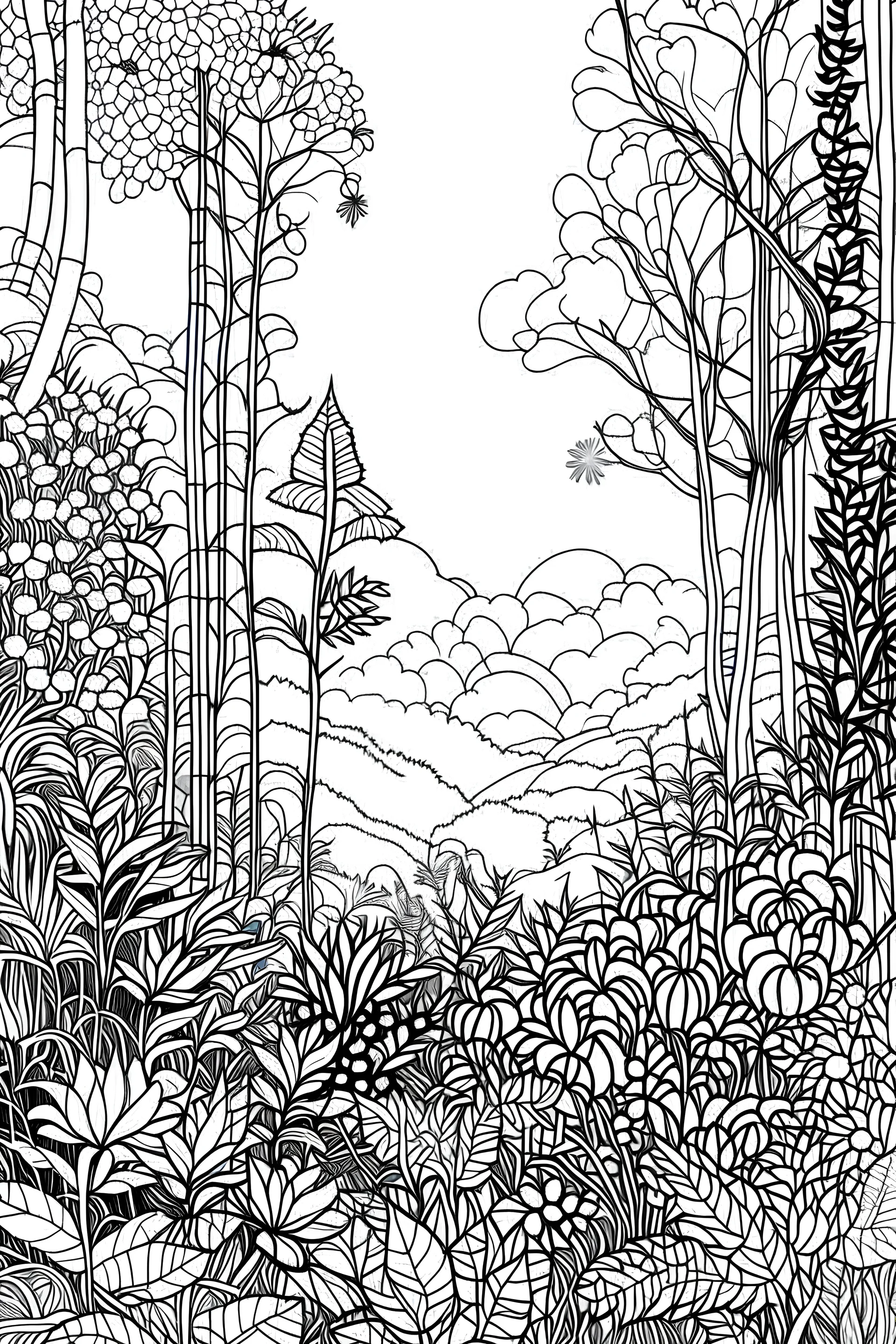background sketch style use only outline Misty forest with ferns and wildflowers, bathed in early morning light, coloring page for adults, contour, vector, clean line art, white background, detailed, black and white, in the style of kalamkari design