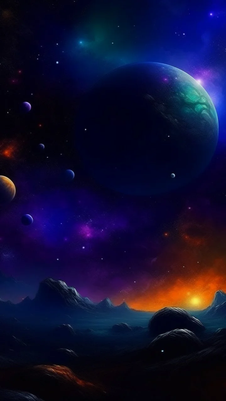 A dark purple galaxy with planets and asteroids painted by George Inness