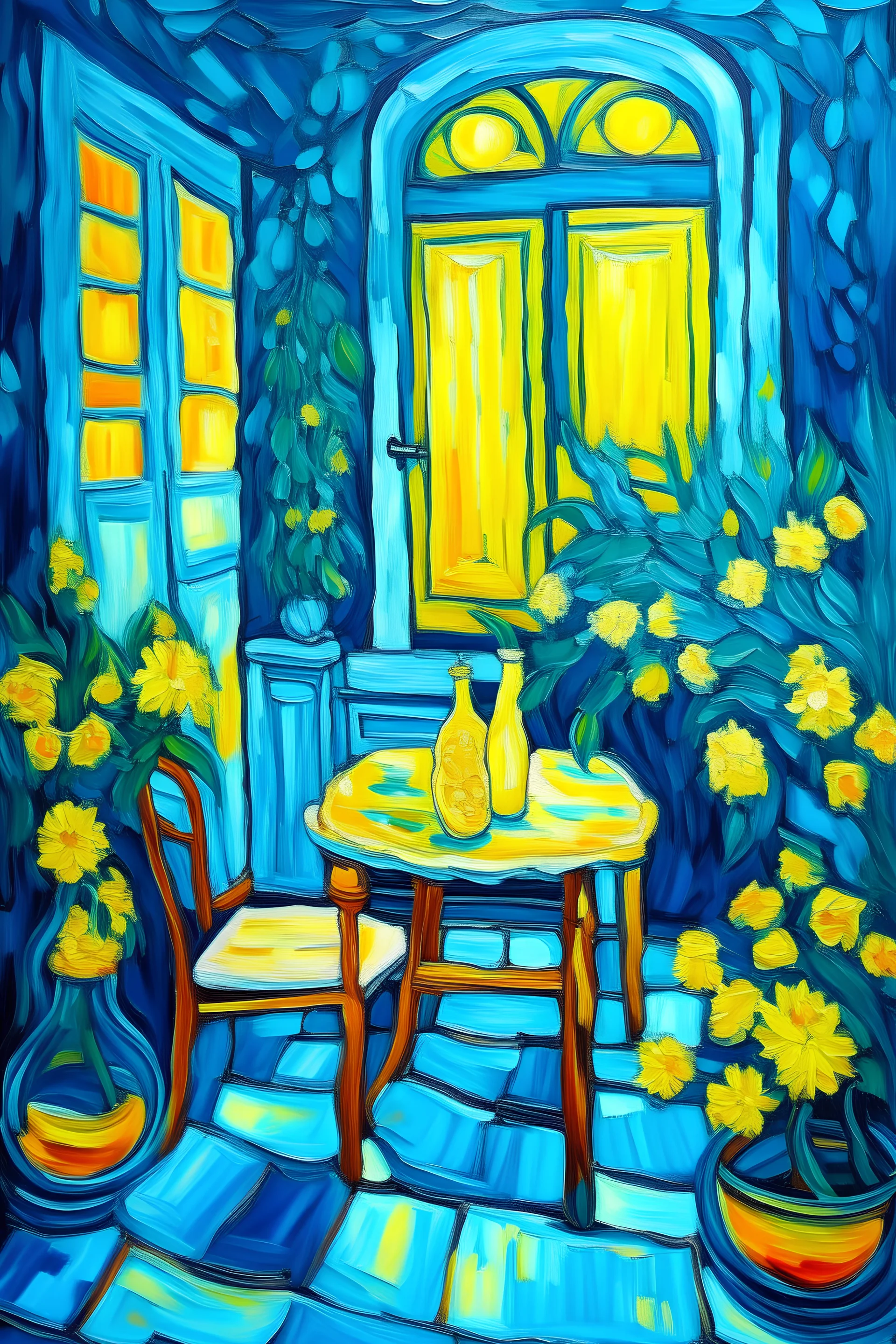 Limonero en flor en un patio con luz de la tarde al estilo de Vincent Van Gogh