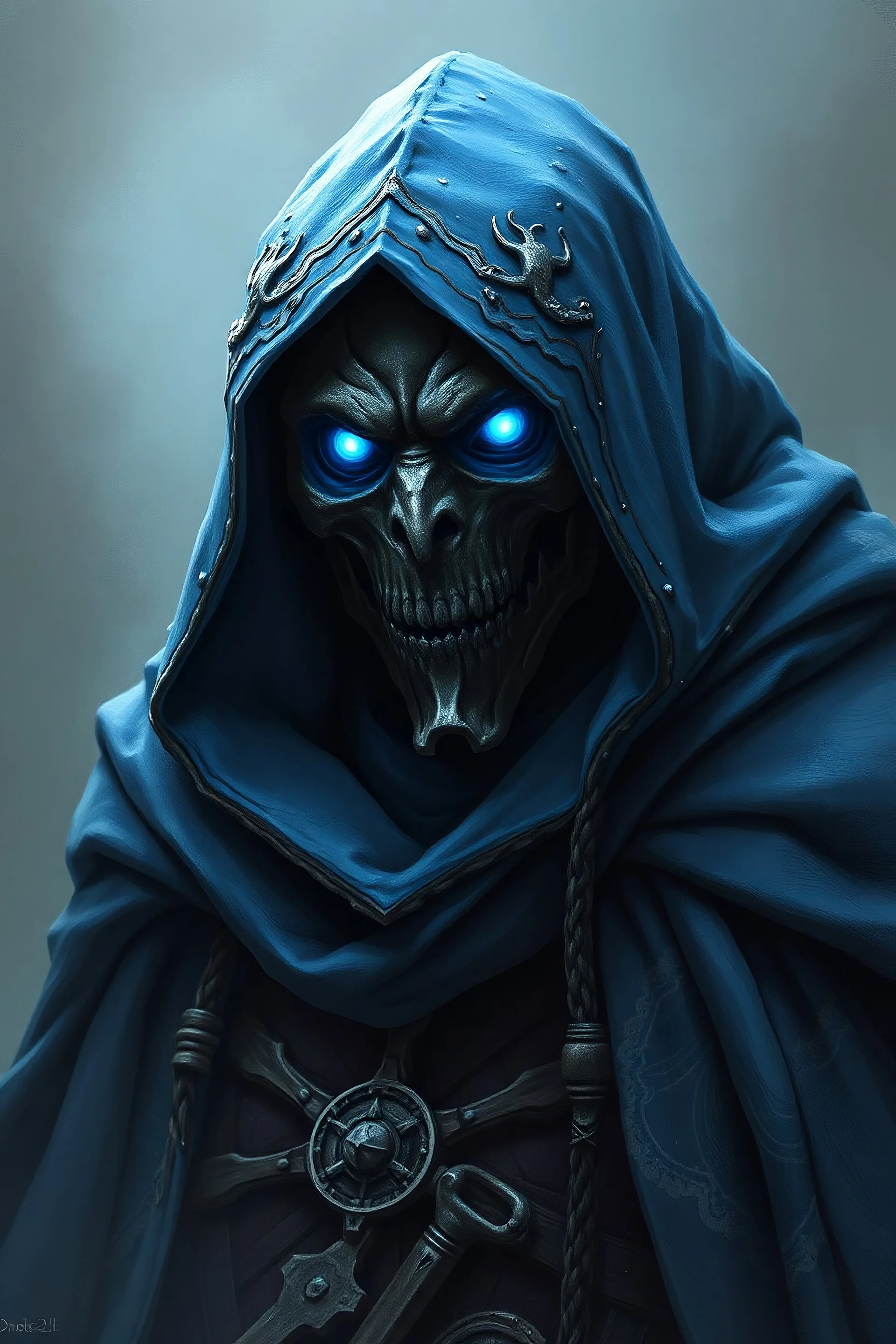 warforged wizard, made of iron, blue cloak, glowing blue eyes, no mouth