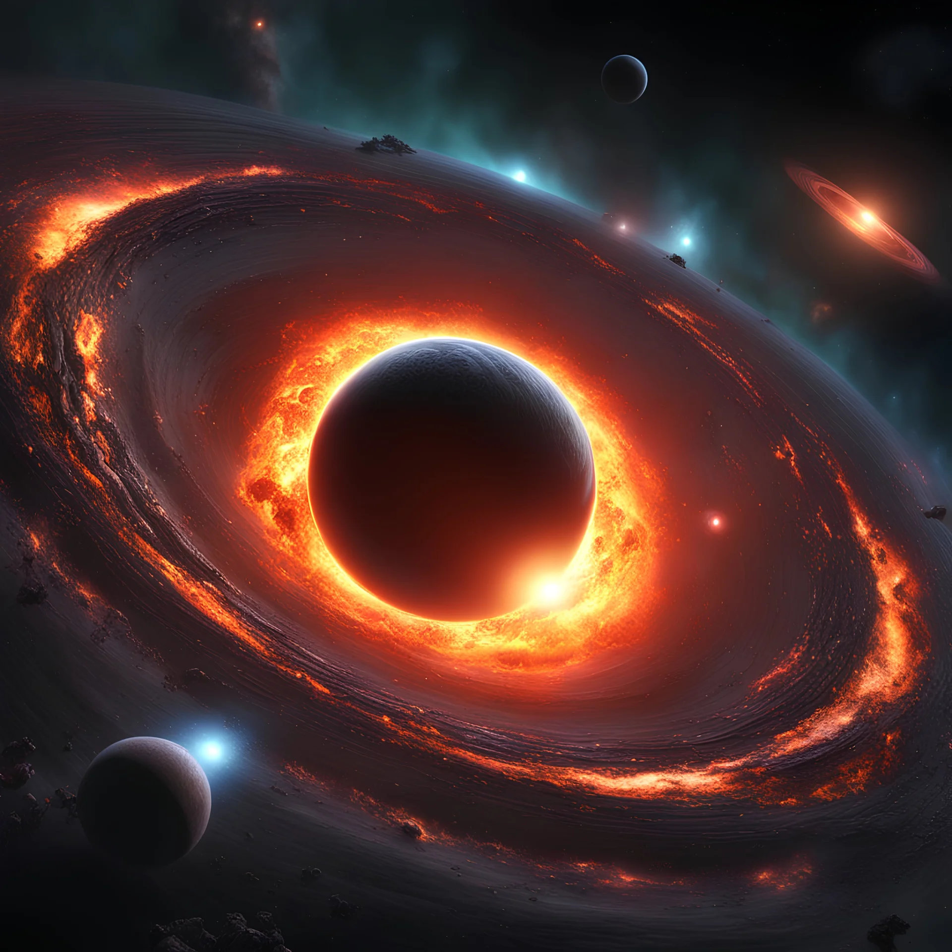 A solar system tightly orbiting a black hole, destruction, terror, ripping apart, colorful, dark, ominous, beautiful abyss, vivid, 8k 3d, vray, highly detailed matte painting, action, concept art, phoptorealistic, dozens of brightly lit rings of destroyed orbiting bodies, perfect circles