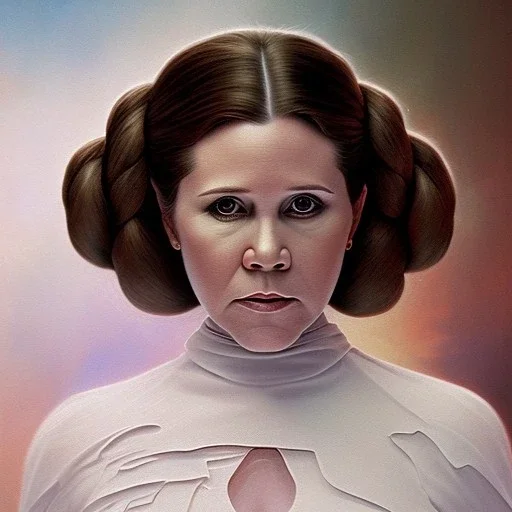 hyperspace background, complete and photo realistic detailed head to waist stunning photo realistic portrait of carrie fisher as Princess Leia in star wars with photo realistic minimal updo hair by Mandy Jurgens and mucha and Richard Schmid and chuck close and chie yoshii, extraordinary and detailed ceremony dress of star wars,brown eyes