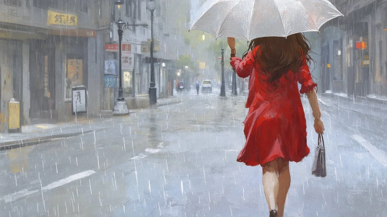 colorful flat illustration , A young Caucasian woman with long brown hair wearing a red dress and holding a white umbrella, walking alone on a rainy city street with blurred buildings and lampposts in the background, draw art style influenced by japanese artists, niji, black outlines