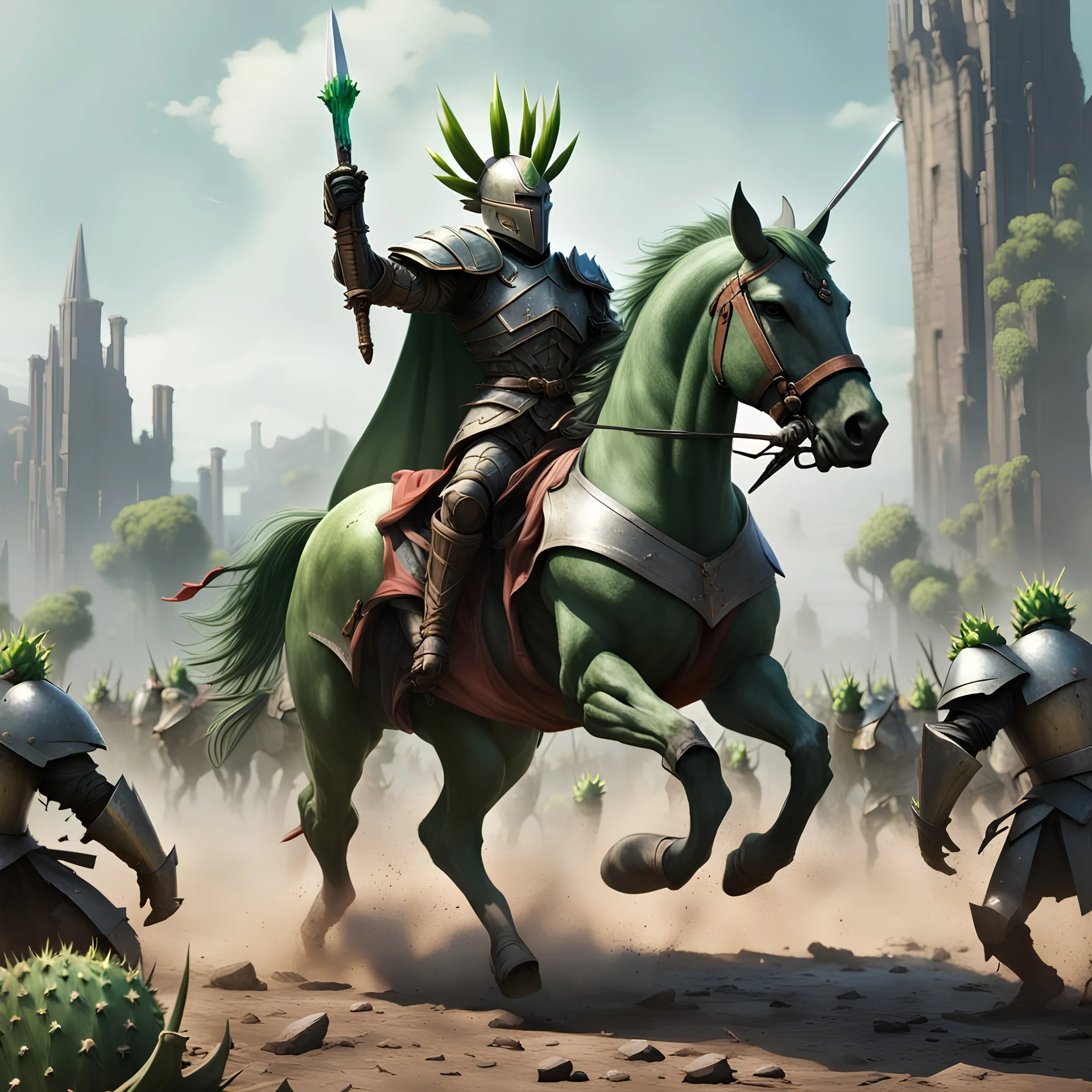 a humanoid cactus with a green spiky cactus as its head with out a helmet or face, riding a rearing stallion, wearing a breastplate and a cape, raising a lance, defeated foe at his feet, brutal battlefield, knights fighting in the background, mud