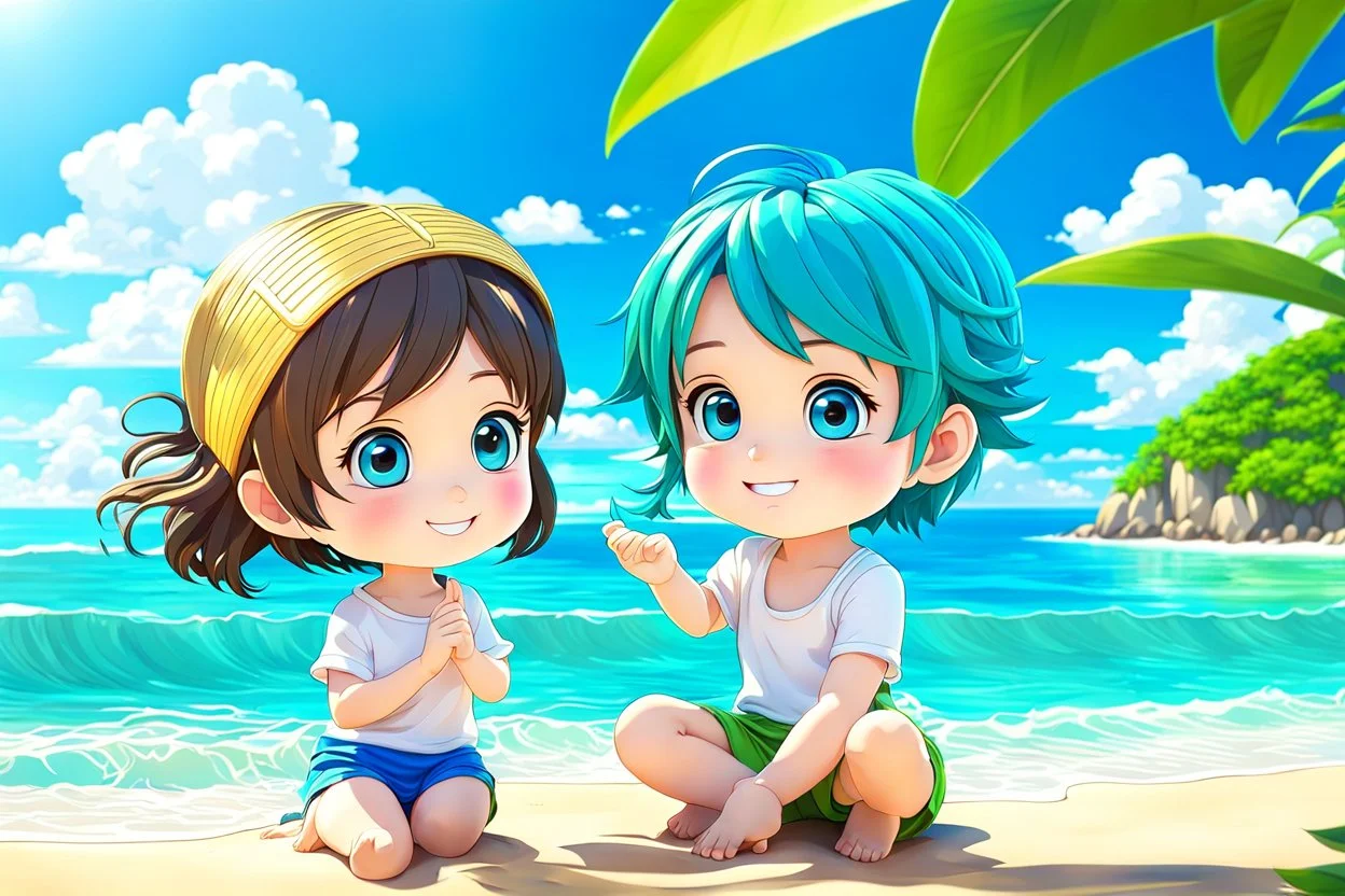 3d digital art of chibi young girl and boy enjoying sunshine on the beach, blue sky, happyness, nice azure sea, green plants, vibrant warm colors., detailed, cinematic, 3d anime