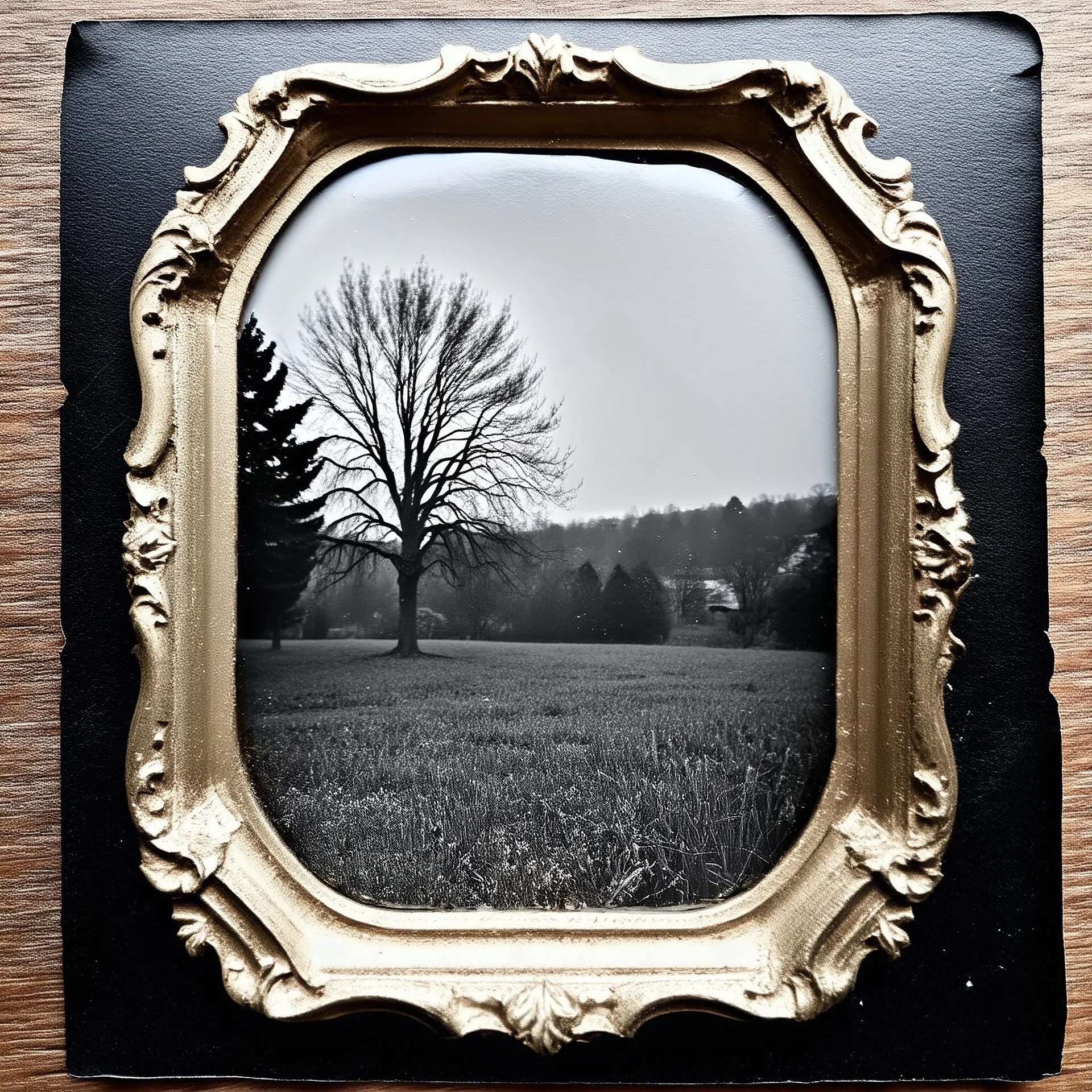 Daguerrotype frame old landscape odd creepy grey obsessive nostalgia weird old postcard landscape, cespugli, rovi, sfocato, sentiero, osceno, dettagli della cornice molto accentuati, polvere, creepy The Ring