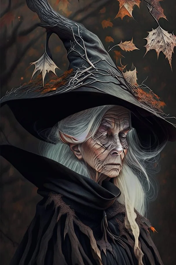 Old White-haired Witchery Witch in her pointed hat ready for the Coven in rusty autumn leaves and silver cobwebs. with burnished browns and abyss black.