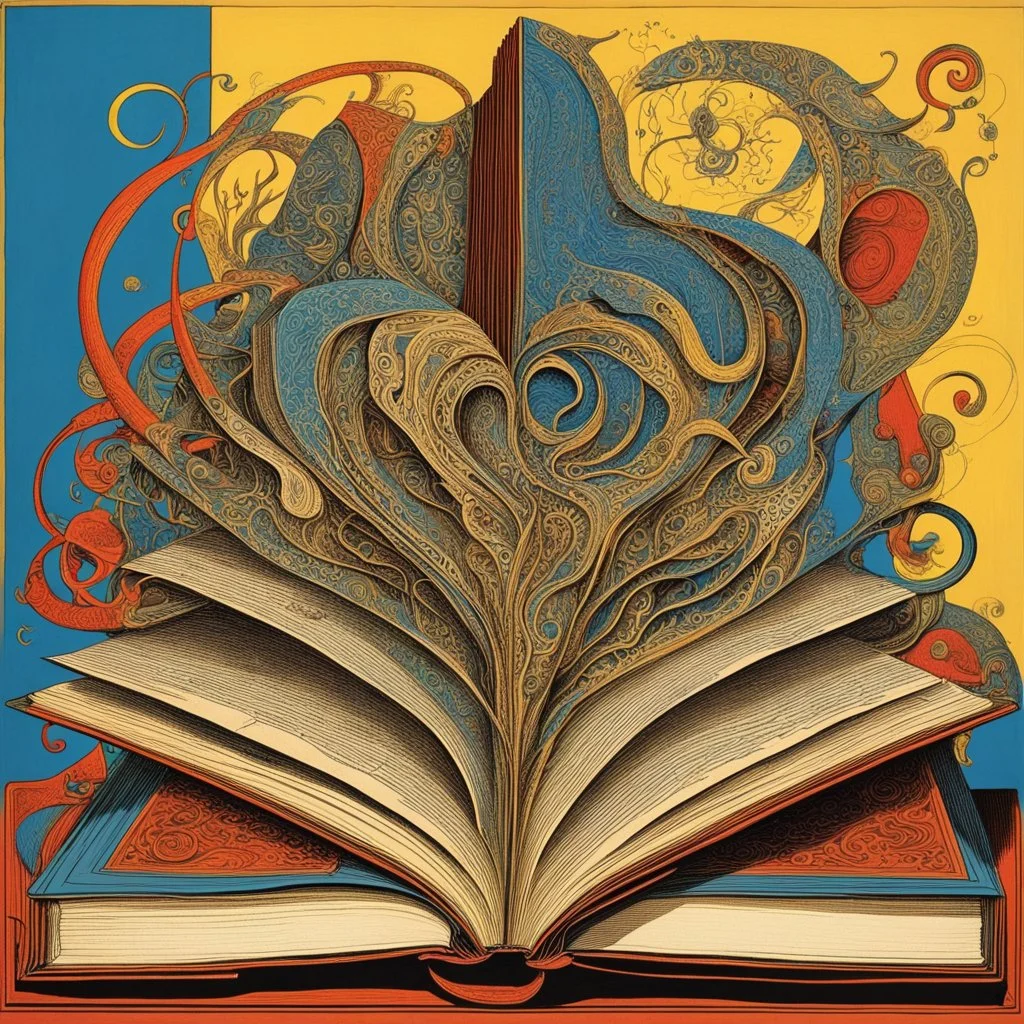 Surreal book art, love of books, ultra weirdcore, in style of Salvador Dali, by Max Ernst, silkscreened mind-bending illustration; expansive, dramatic, rich primary colors, open book motif, quirky, wood carving