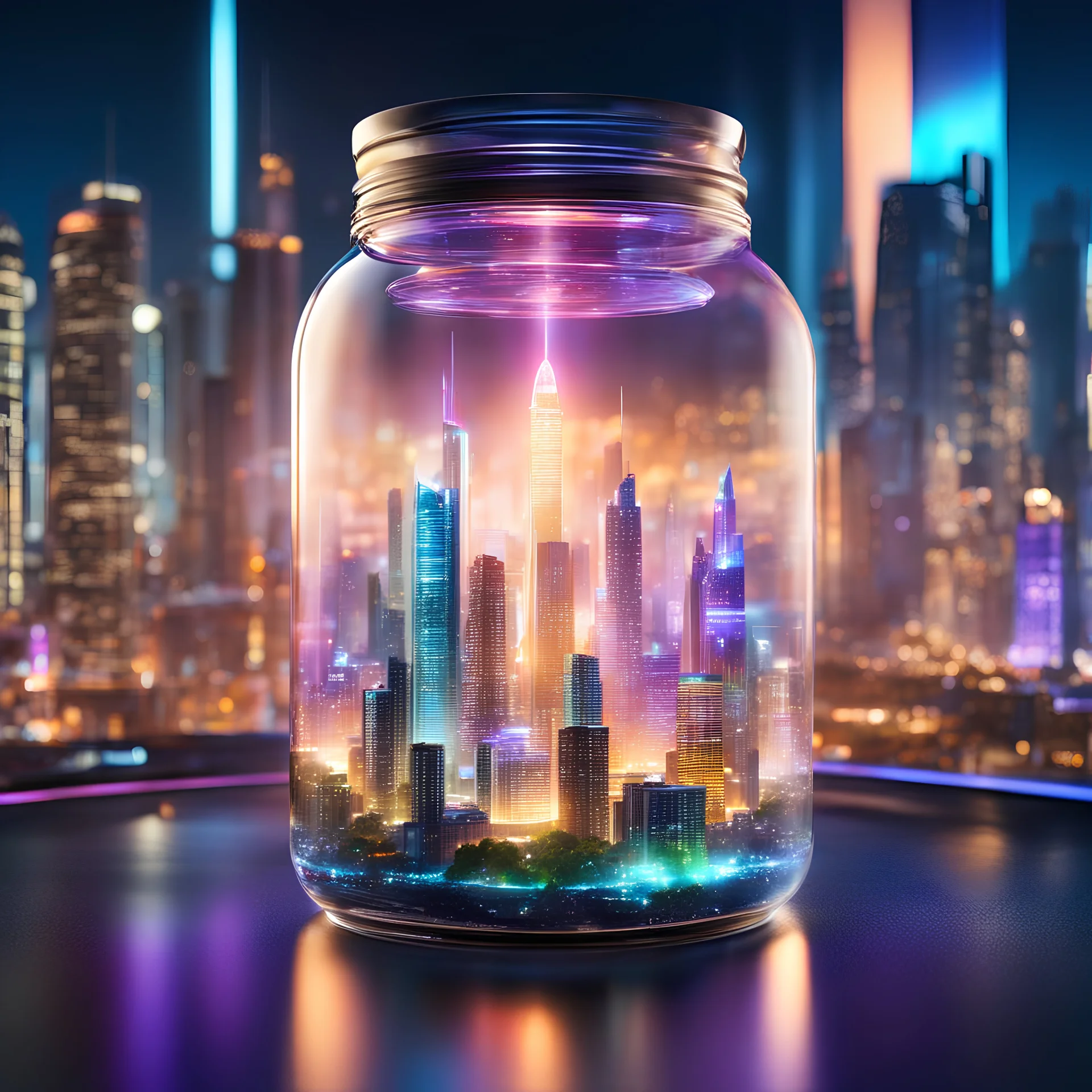 future smarty city is contained in a glass jar，Ultra photo realsisim，ultra - detailed，dramatic lights，4k，Colorful environment