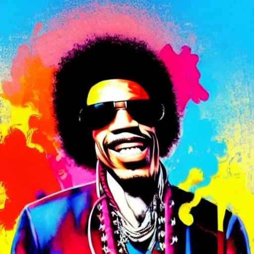 a realistic portrait of Jimi Hendrix at a turntable with headphones on being a DJ, vivid color, with sunglasses