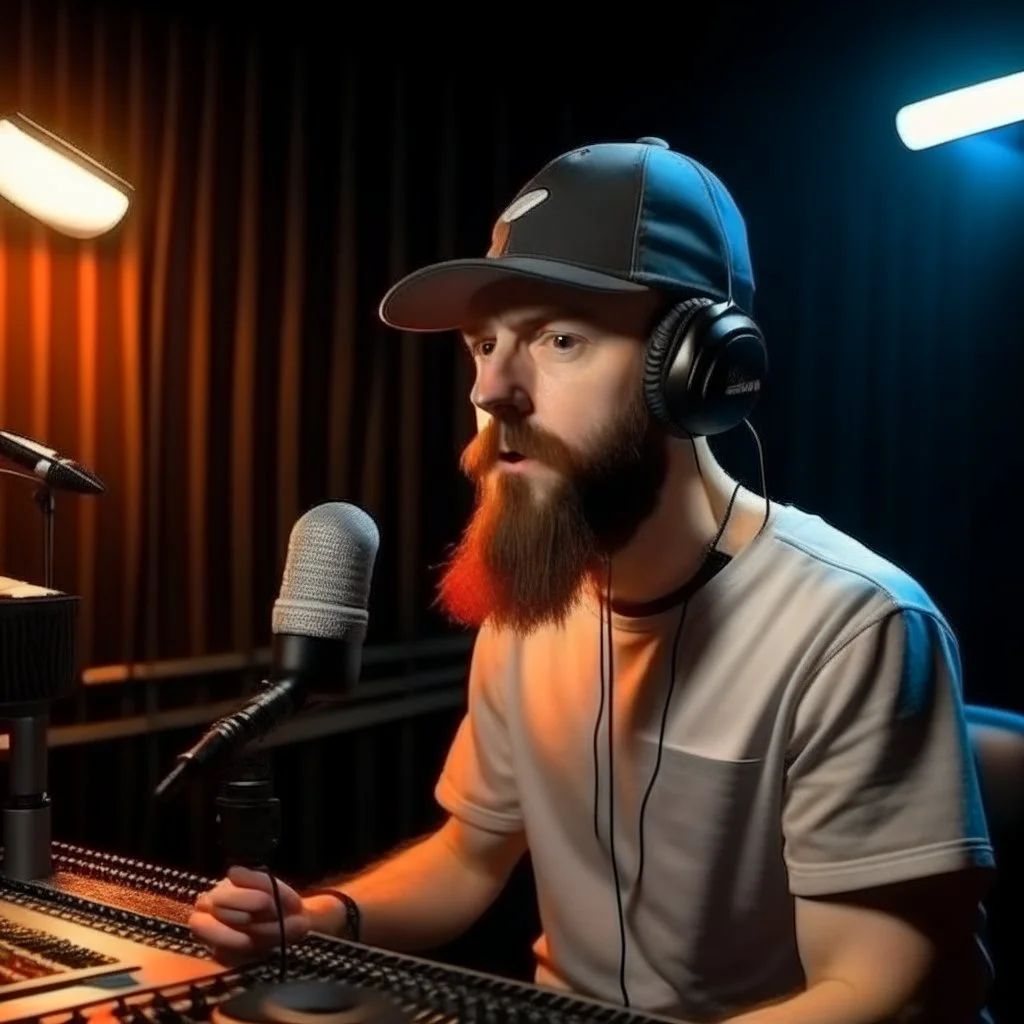 A short brown beard DJ with a baseball hat on his head, sing at microphone, many electronic consoles studio , microphones,, laser lights, FRONT VIEW