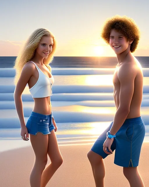 full body image of a beautiful 12 year old girl and a beautiful 12 year old boy with long, blonde curly hair and light blue eyes, smiling, shirtless, in front of an distant beach, 8k