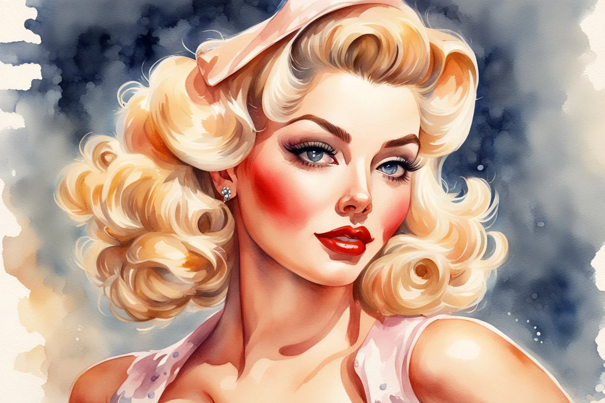 Pin-up, blonde, watercolor, fine rendering, high detail, 8K,