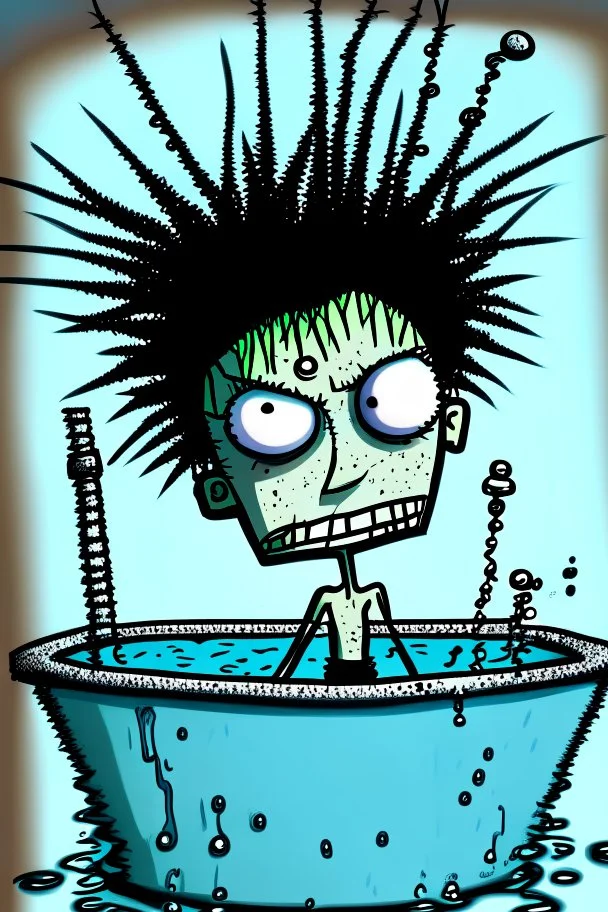 2d drawing of a stickman, cool with punk hair, x eyes like in hangman, in jacuzzi ,3d realistic in colour