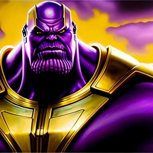 fullbody portrait in oil on canvas of Thanos with Big Golden Hulkbuster armor, intense stare, masterpiece, realistic, intricate detail, sci-fi fantasy style, volumetric lighting, particles, highly detailed ,cinematic , deep colours, 8k, by Kaare Andrew and Robert E Howard and Ken Kelly