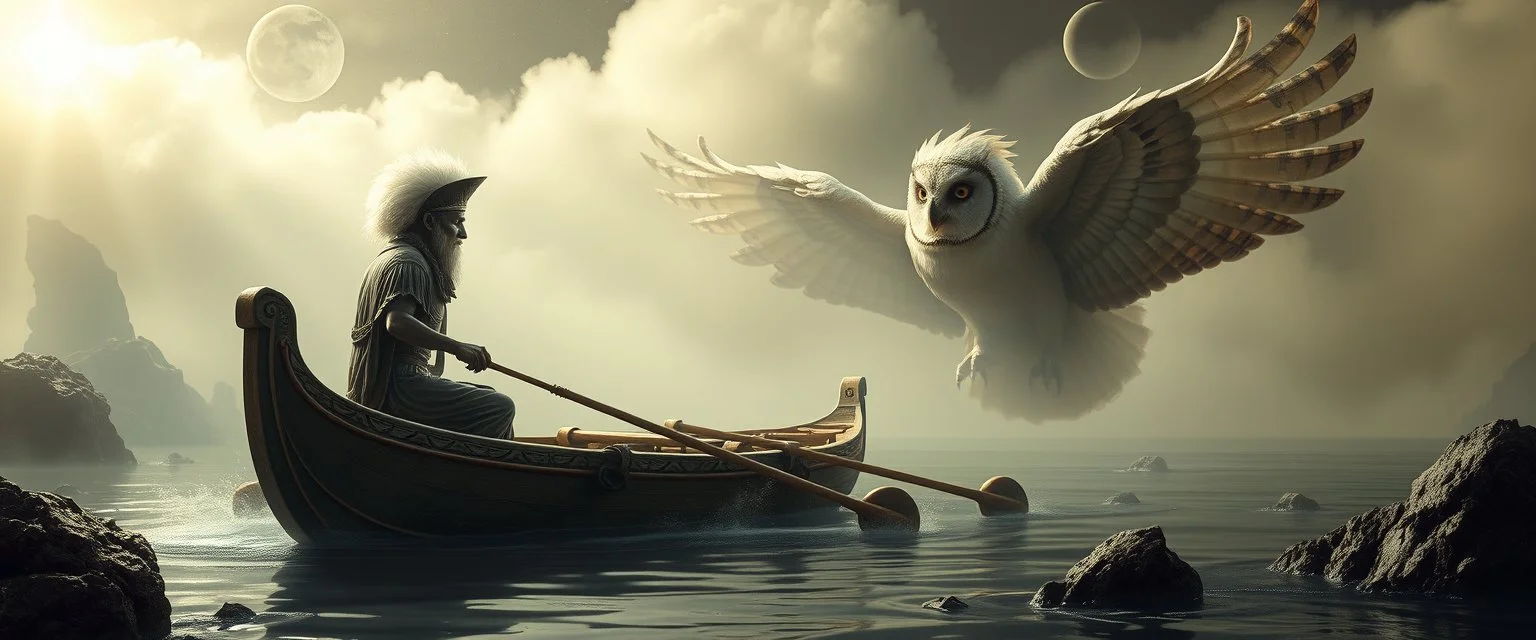earth elementals, depth of field, volume light, fog, a fluffy quickling egyptian bald hat looks like the opposite of a vampire in bunad leaning on statue of twister interdimensional sci fi boat with oars that looks like wings gliding through space waters under the biggest owl