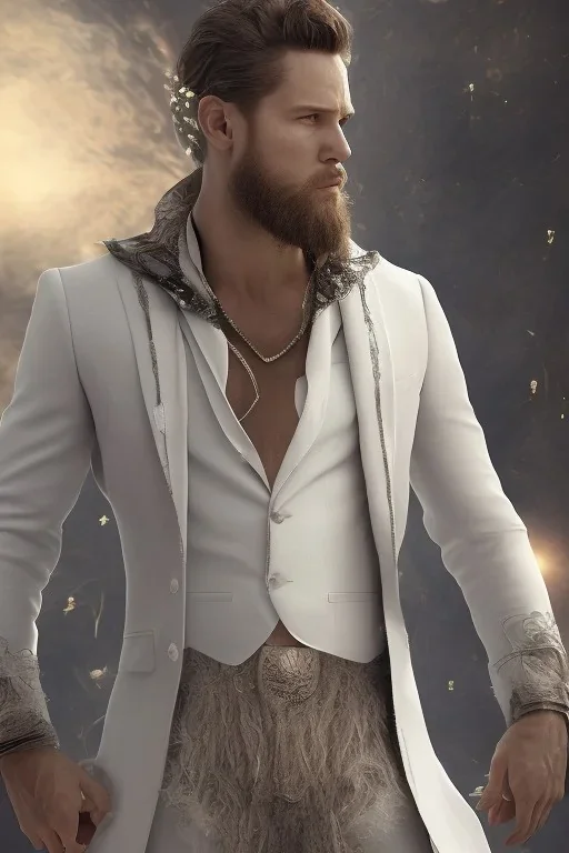 8K, a Highly detailed stunning portrait of Dom man with a kneeling submissive woman, white suit, beard, and short hair, bad boy