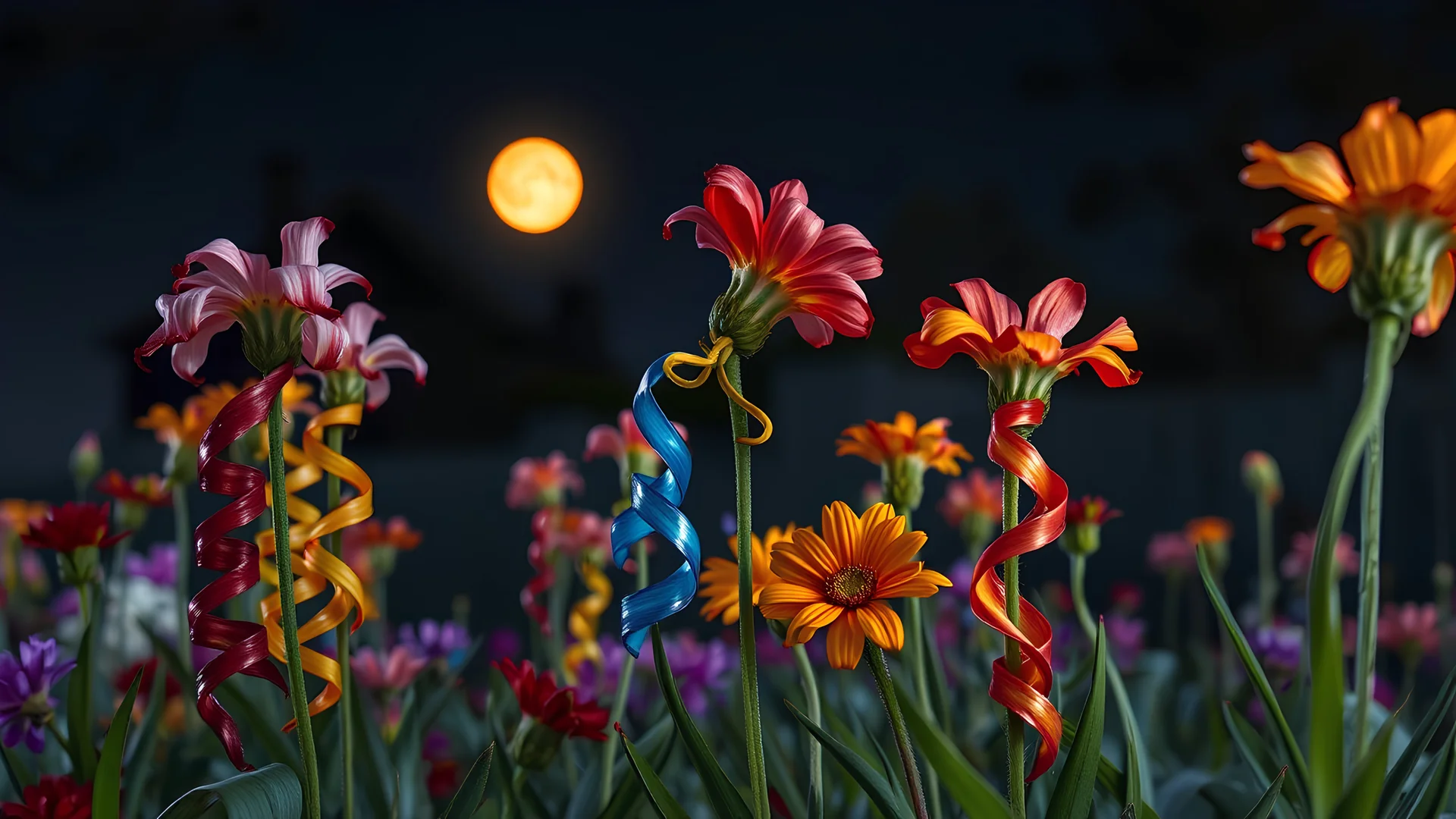 unique colorful twisting flowers growing in yard, night, full moon, 8k, high quality, trending art, trending on artstation, sharp focus, studio photo, intricate details, highly detailed, by greg rutkowski