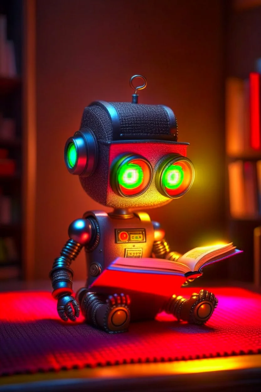 cute punk chat robot reading a book, blanket over shoulders, its such a perfect day, motion blur, smoke, 8k, downlight, soft light, depth of field, photorealism, trending on art station, some detail