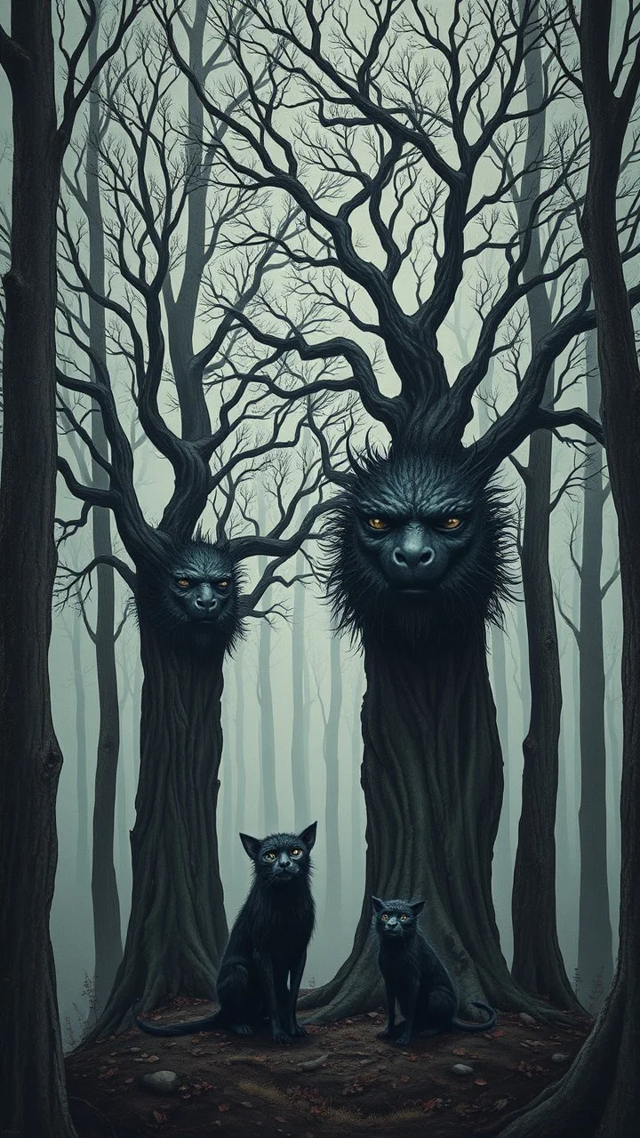trees and black creatures with human faces