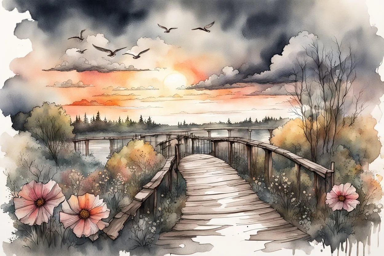 Urban sketch of a beautiful forest in ink and watercolor, storm clouds, full sunset, flowers, kurved path, old wood bridge, gull Modifiers: beautiful award winning