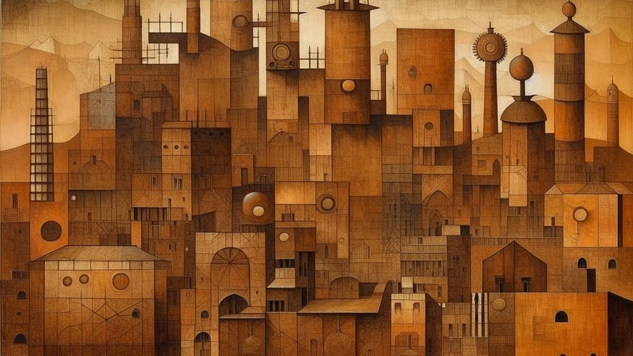 A brownish bronze steampunk city painted by Paul Klee