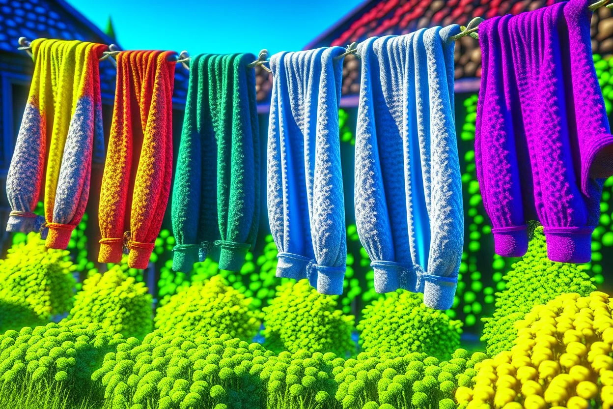 Beautiful lace pants of different colours drying on a clothesline in a flower garden, centre, bold colours elegant fantasy 8k beautiful dynamic lighting award winning imperial colors hyperrealistic ultra detailed 4K 3D high definition crisp quality colourful hdr, backlit, in sunshine