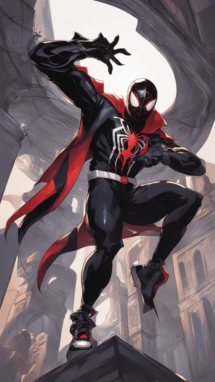 miles morales mix with venom symbiote in solo leveling shadow artstyle, demon lord them, intricate details, highly detailed, high details