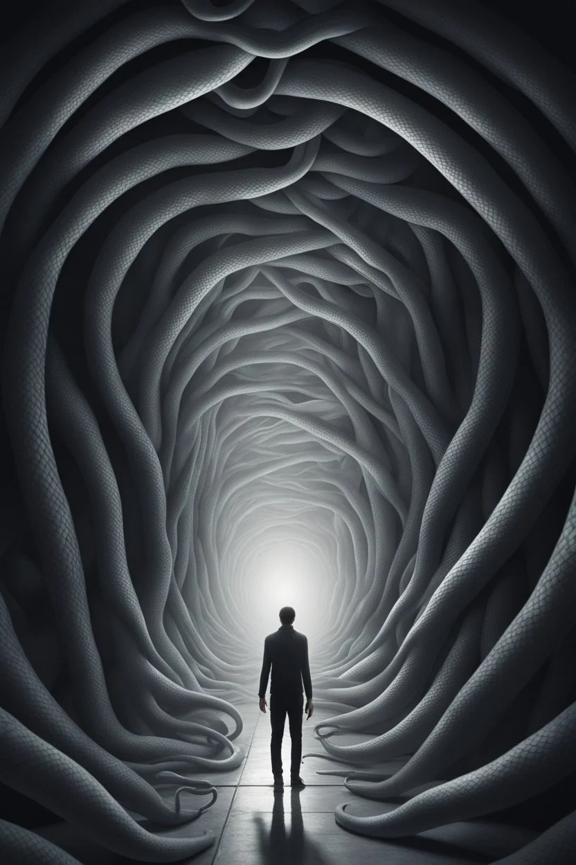 A surreal scene a tunnel-like structure filled with intertwined gray snakes heads , The tunnel is lined with countless writhing aliens bodies, creating a chaotic and nightmarish atmosphere. At the end of the tunnel, a solitary figure walks towards a distant light source, casting a glow that illuminates the scene. The overall color palette is muted with shades enhancing the ominous and unsettling mood. The level of detai