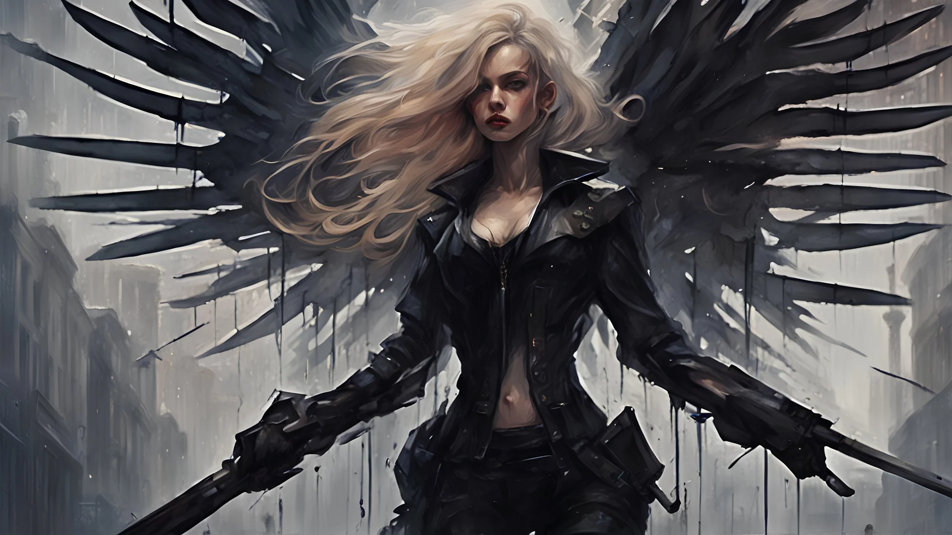 biomechanical women, beautiful, cyberpunk, dusty blonde, short square, large biomechanical black wings, sword, cybernetic, dynamic pose, rain, wind, ashes, flashes of fiery threads, sketch art, fine lines, grunge, sensual, darkness, dark colors, by Raymond Swanland & Alyssa Monks & Anna Razumovskaya