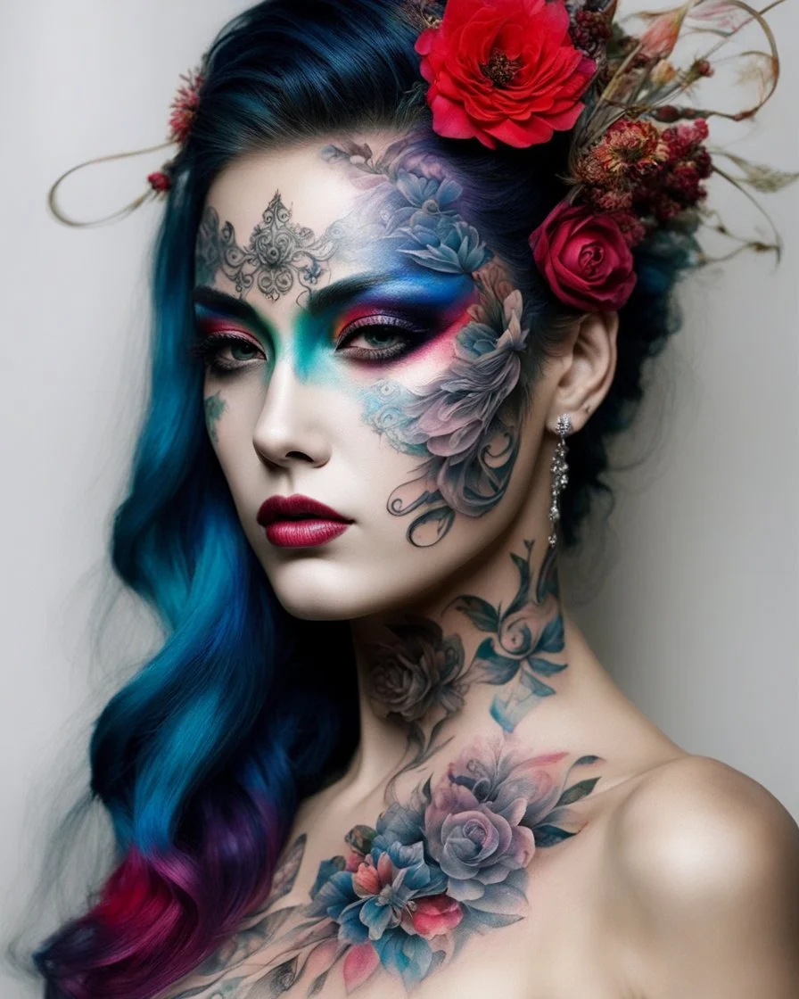 A length image full of tattoos art face beauty colors makeup,beautiful vanice opera mask tattoos painting full of art flowers pictures colors