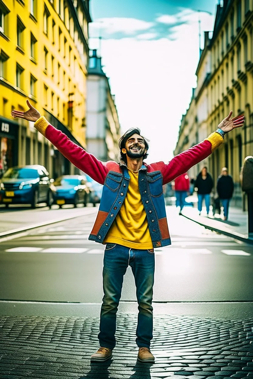 un hombre con los brazos abiertos en una calle de una ciudad. fotografía realizada con cámara Leica y objetivo de 50 mm. fotografía en color. Colores vivos y alegres