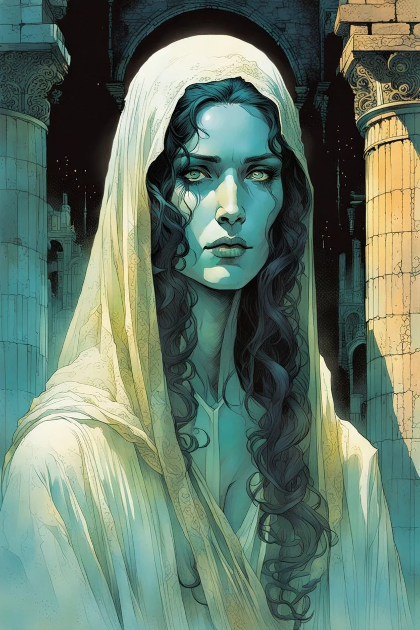 create an imaginative print illustration of the pale translucent ghost of an ancient female Oracle, Pythia clothed in ragged ornate Grecian robes, with finely detailed hair and feminine facial features, in the ruined city of the dead , in the comic book art style of Bill Sienkiewicz, Mike Mignola, and Jean Giraud Moebius, finely textured, drawn, colored, and inked, suffused with dark foreboding shadows