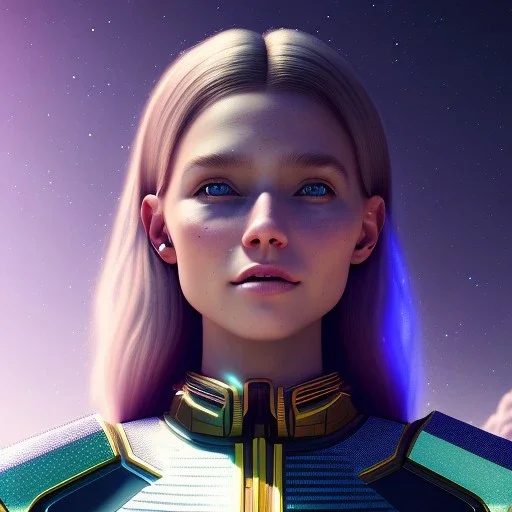 A portrait of a transparent crystalline girl,smiling, longs blond hairs, green eyes, galactic skirt, atmospheric, realistic, cinematic lighting, octane render, purple and blue sky, nebula, stars, planets in background, spaceship in background