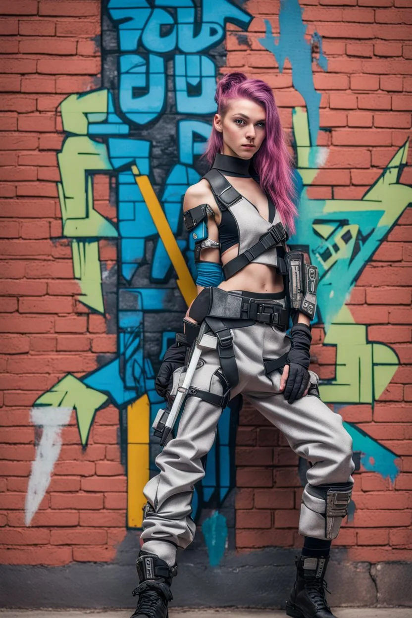 teen woman in retro-futurist cyberpunk costuming with pants leaning to the side with shoulder against a brick pillar, background is brick with graffiti of a right pointing arrow and the word "PUB" on the left, figure has 2 swords sheathed at hip and pouch on the opposite hip