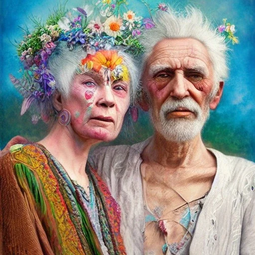 An old Hippie couple in colorful clothes, flowers in their white hair. Faces are full of wrinkles, slight smiles, highly intricate, delicate detailed complex, vibrant colors by Laura Burch, Tom Bagshaw, water color by jean - baptiste monge, art by ivan gantschev and greg rutkowski. by sabbas apterus Nikon D850 trending on Artstation highly detailed digital painting ultra reallistic fantasy beautiful dynamic lighting hyperrealistic cinematic postprocessing concept art , beautiful eyes ,