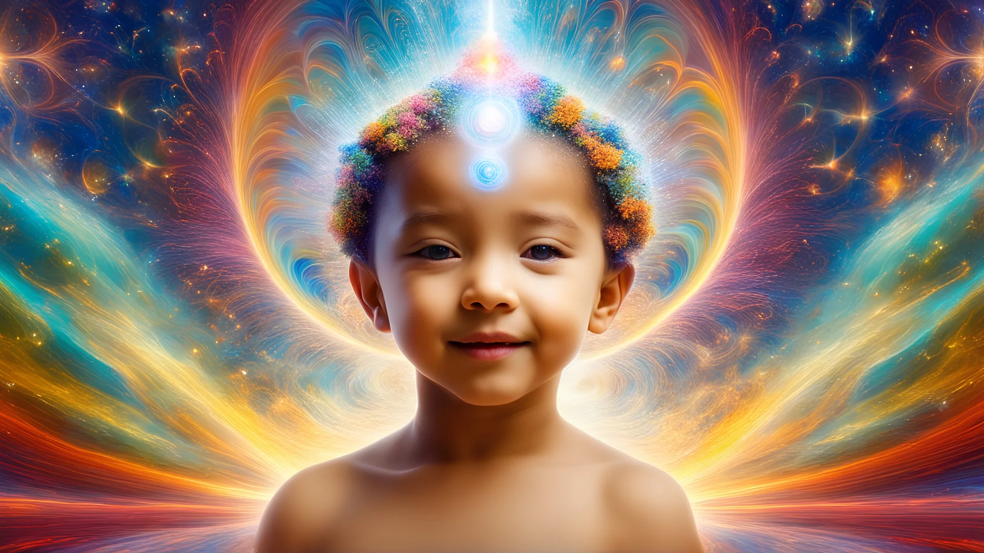 1066. Abstract fantasy: telepathy, one young child, chrysalids, Wyndham, delight, empathy, smiling, harmony, ecstasy, award-winning photograph, abstract image, beautiful composition, science-fiction, beautiful, wonder, joy, happiness, richness, the power of thought, love, joy, personal faith in God