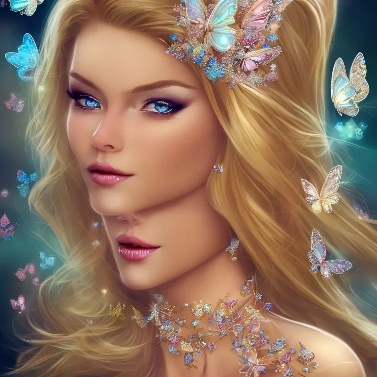 Lying down beautiful face princess blond fairy smiling with sparkle jewel bikini and butterflies in hair magic