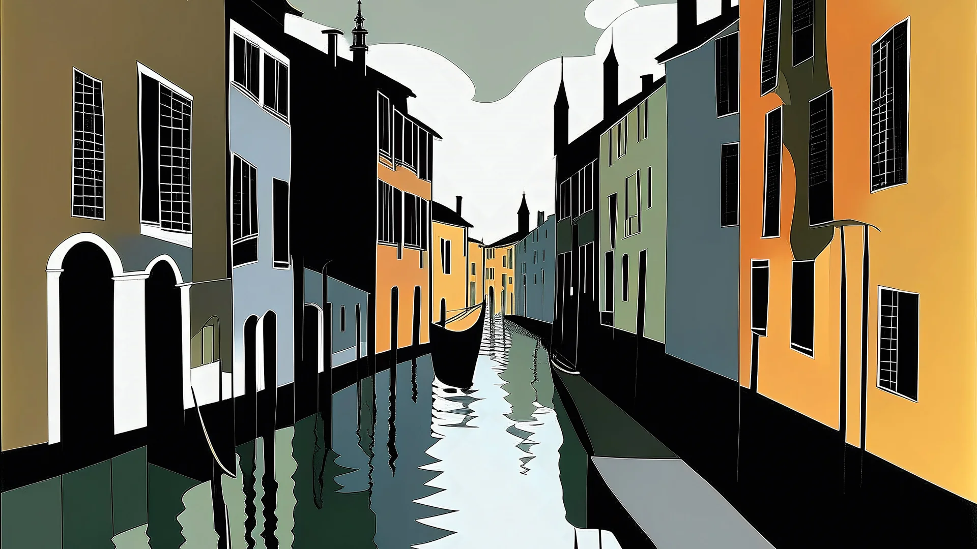 A gray shadowy Venice like city with an inky river painted by Stuart Davis