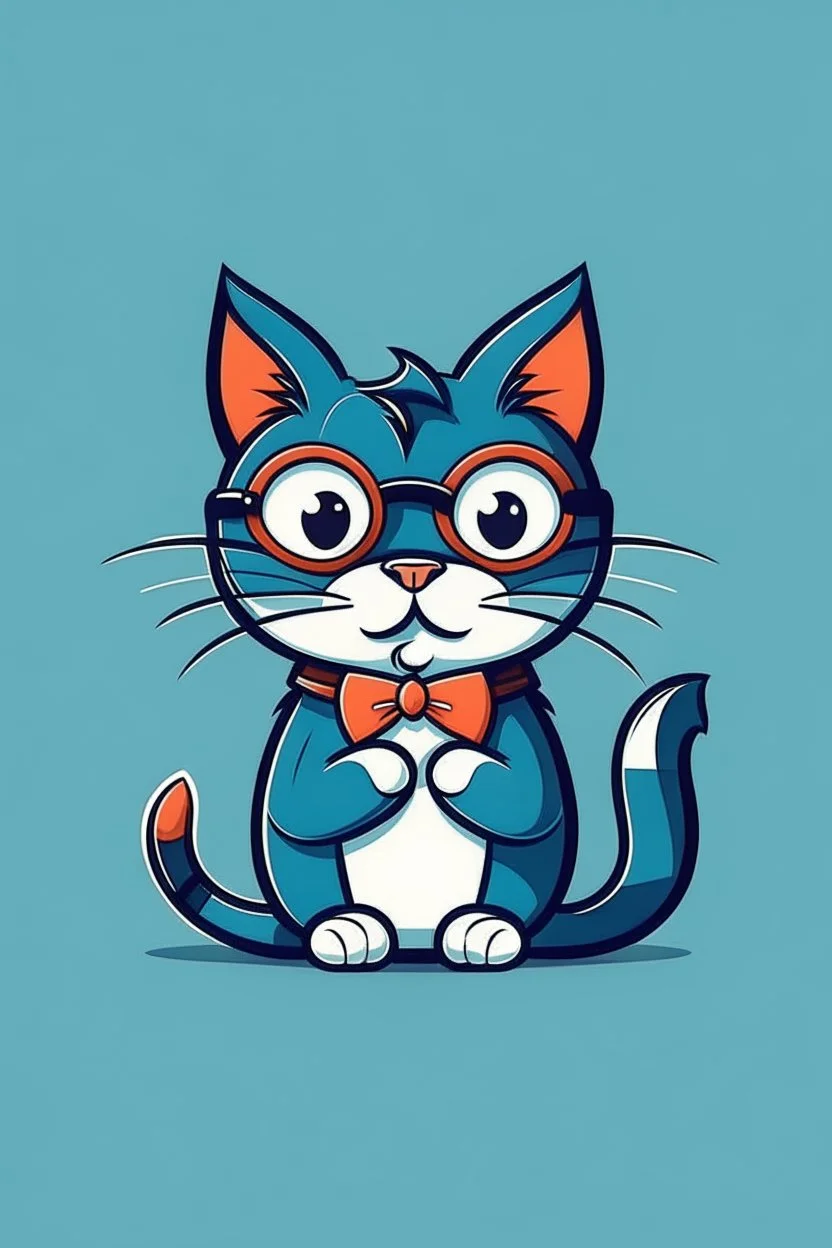 "Design a whimsically funny cat logo using AI. Depict the cat in a playful pose, with one paw raised, a cheeky grin, and perhaps a quirky accessory like oversized glasses or a bowtie. Create a character that embodies the humorous and mischievous spirit of feline antics."