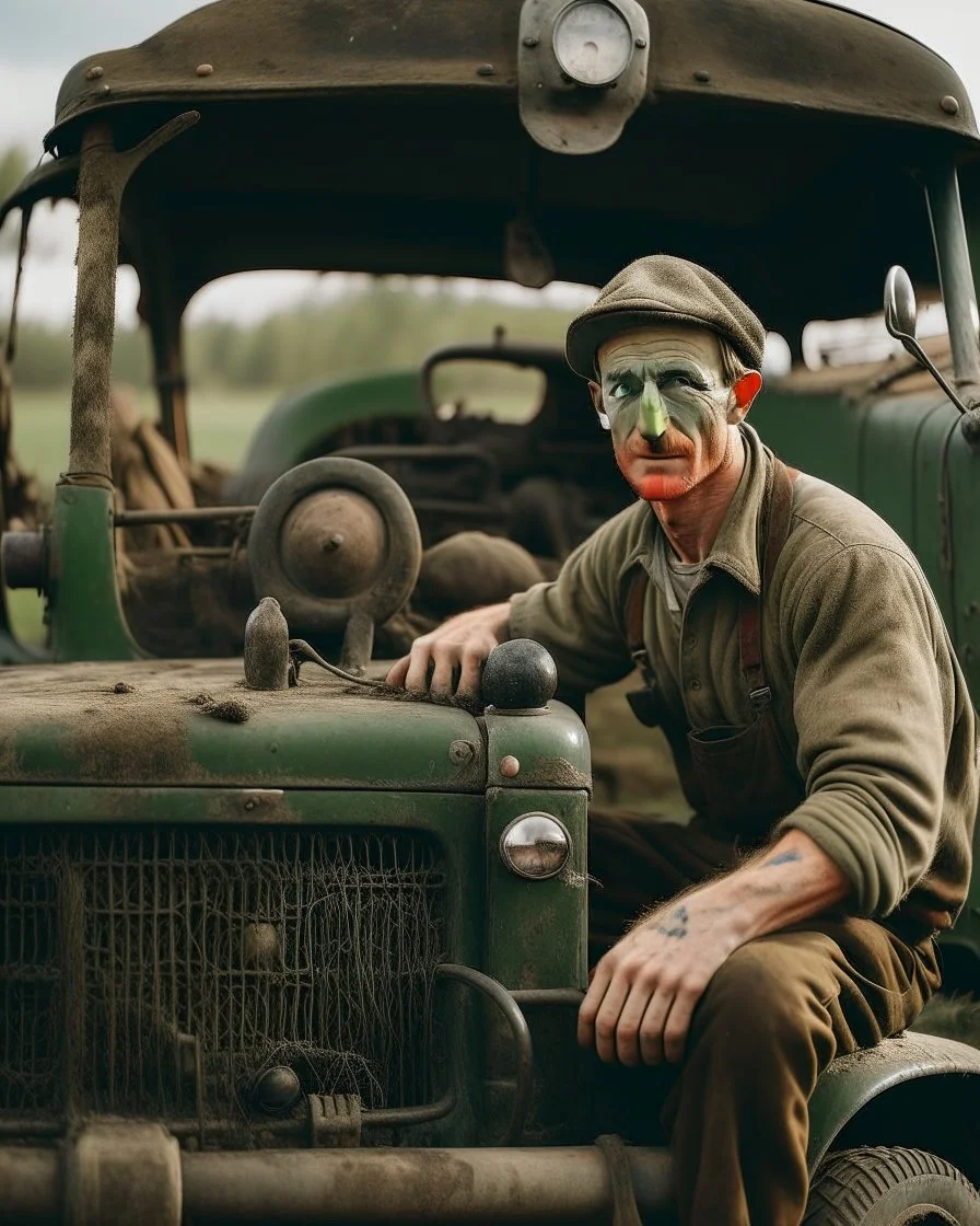 portrait of a mechanic mixed with a sheep body working on an old land rover in the countryside