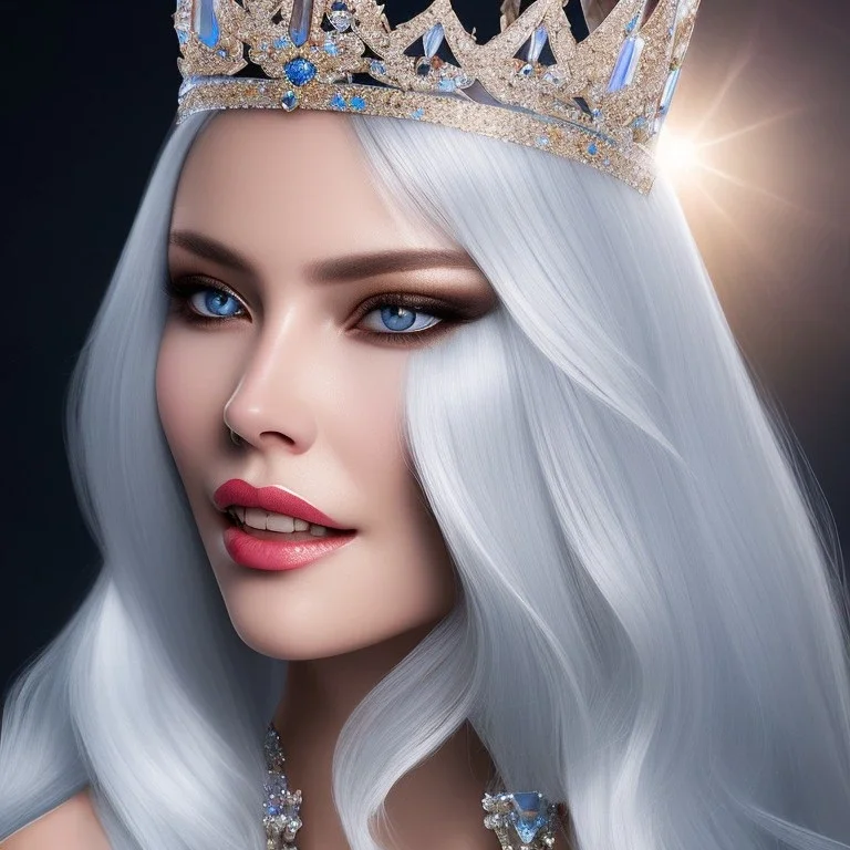 Ice Princess with white hair smilling, a crown with precious stones, bright background