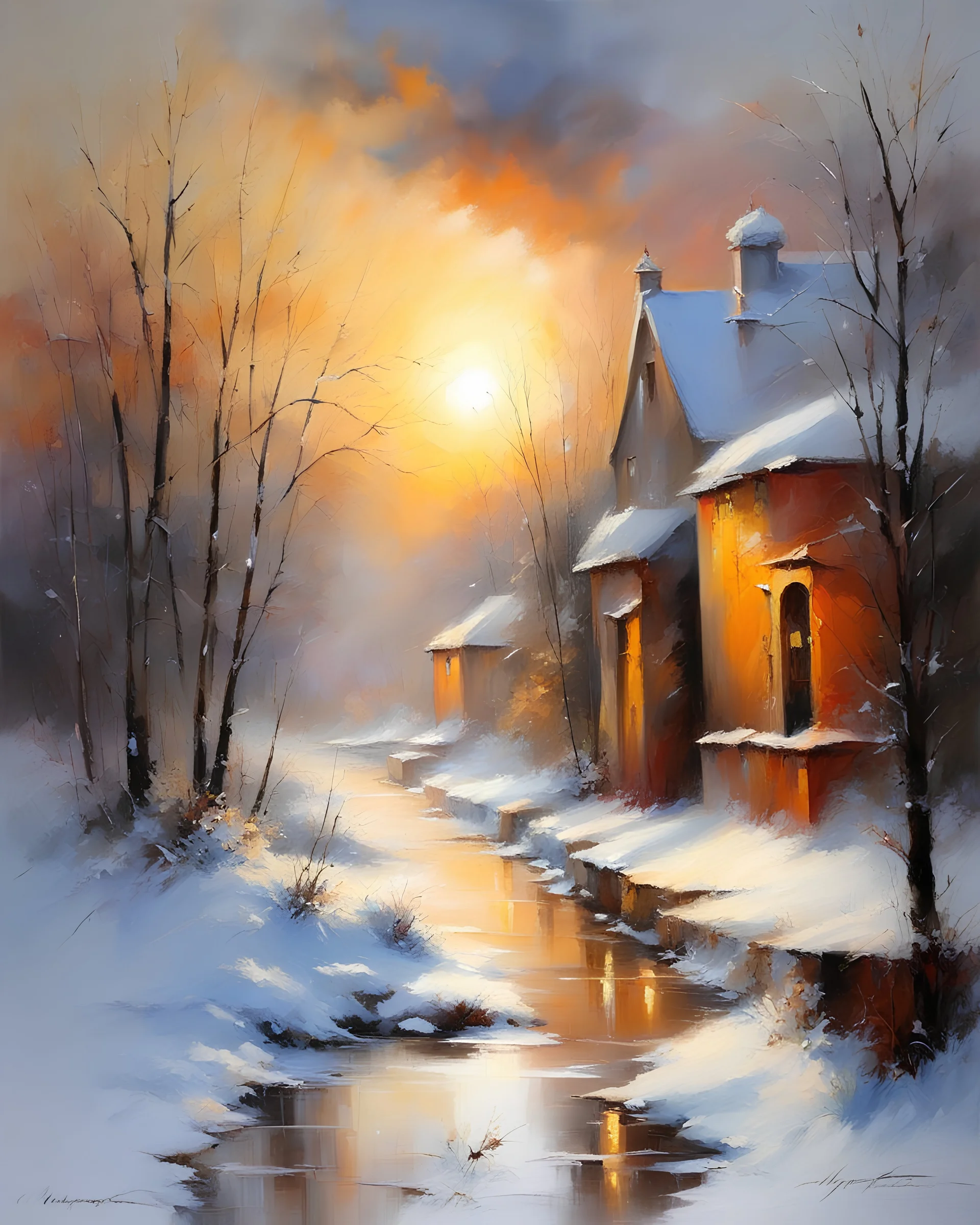 Masterpiece, best quality, Willem Haenraets style painting of Snowy winter sunset, painted by Willem Haenraets