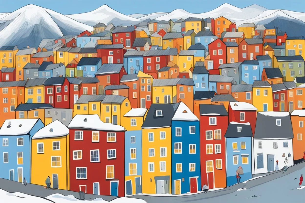 Colorful, compact houses covered the surrounding landscape – bold reds, blues and mustard yellows, offset by duller greys and the small cluster of buildings that marked the city’s center. And behind the small city dramatic mountains, steep and snow-capped. The sun glinted off their icy edges, by artist "Kate Lycett"