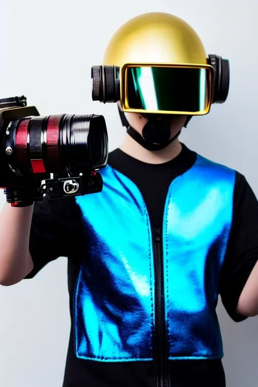 Metallic Cyber-punk style camera-mask. Helmet with camera. Large fencing mask covers cheeks. Trim girls. Reflective plastic body surface. Camera lenses as eyes. Head full of integrated old-fashioned cameras. Golden to cyan surfaces body. Perfect body, thick thighs and calves. Selfie, Selfies, old-fashioned cameras, both hands, mirror. Wide hip. Partly symmetrical. Camera lenses cover the most of the body. Euclidean 3D-tiling, Escher. Mathematically impossible tiling. Soviet Propaganda style.