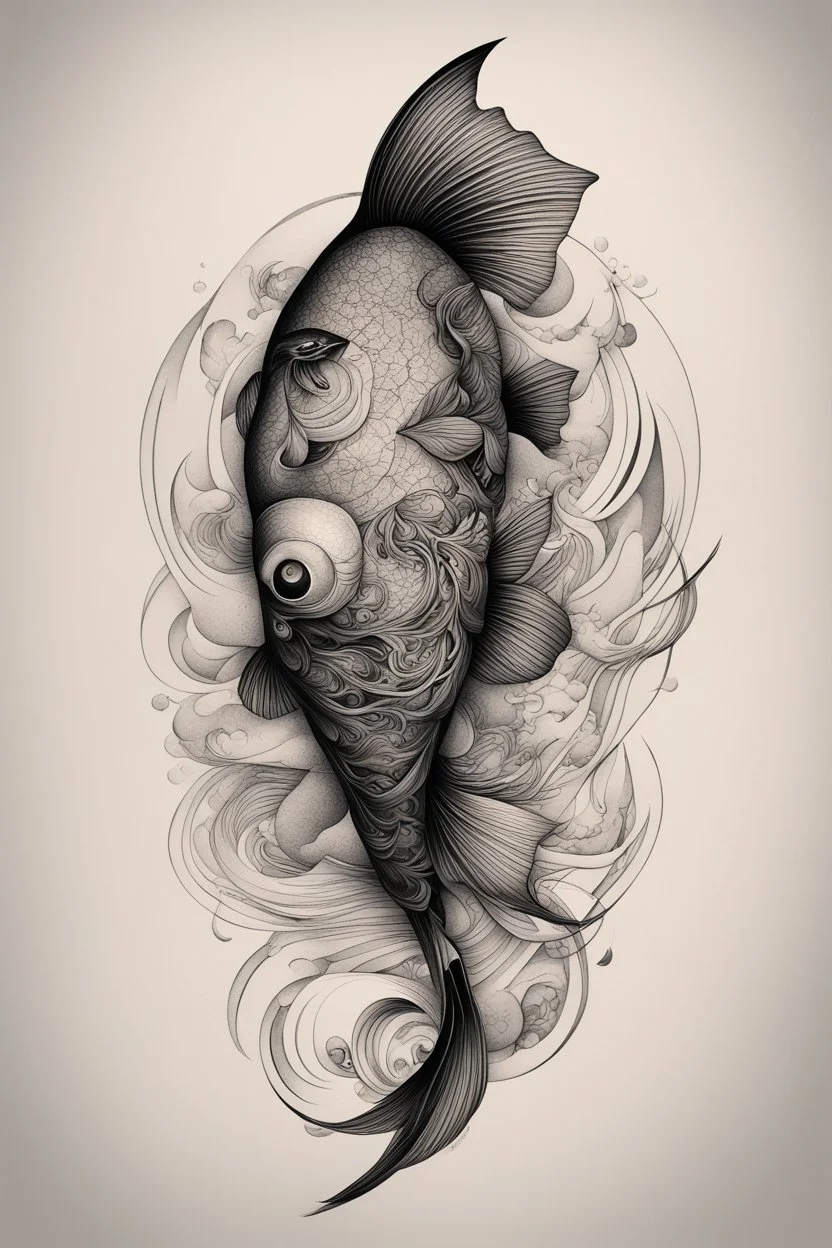 Create a captivating modern 2d ink tattoo design for print , prestigious Sacred Fish using the elegant influences of japan art style, for print, dynamic elements from fashion and design, and bold Japanese contemporary art aesthetics, framing centered in the center, distanced from the edges of the paper perimeter, perfect anatomy, bauhaus, Divine Proportion,