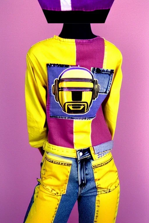 Photograph of a woman. Huge prints on denim,terracotta, cream and purple, lilac. Cream colored latex parts. Low waist jeans!!!Baggy, 1996!imperial yellow, red plum mixed stripes, only on top half of t-shirt. Plant print.European daft punk woman. Mantle is sewed of recycled Denim and sewed together of recycled polymer felt. lace, Yellow(Munsell) areas. hint of orange as effect color!!Big bright purple/khaki felt tippet and cream or blue or lilac colored-hood. mantle is merged with cobalt boler