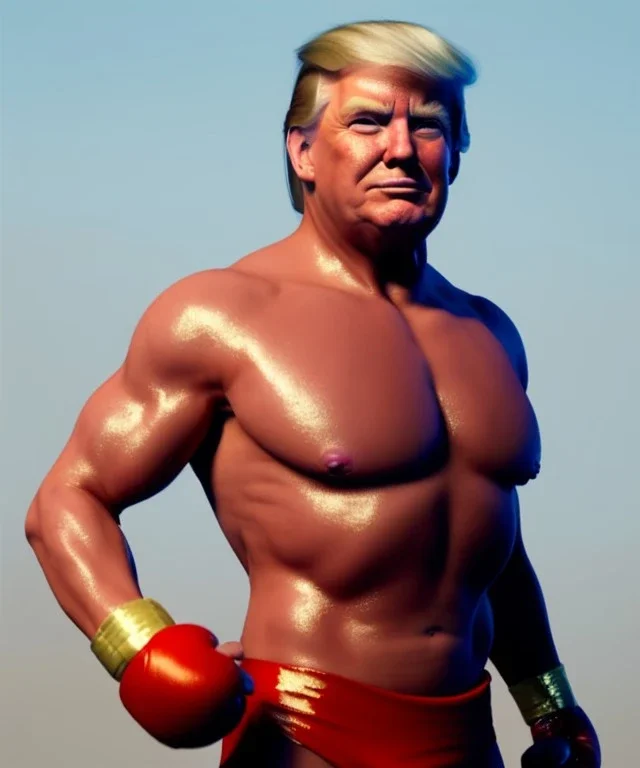 Donald trump fighter wrestling, naked torso, color breeches, suspenders, retro style, 80s, hot ambient, photo studio, red, gold, vibrant color, gradient, highly detailed, art stations, concept art, smooth, unreal engine 5, god rays, ray tracing, RTX, lumen lighting, ultra detail, volumetric lighting, 3d, finely drawn, high definition, high resolution.