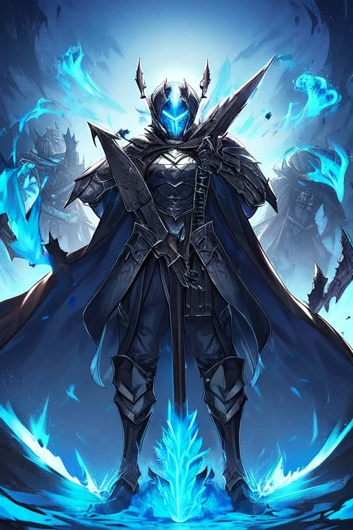 A warrior with a matte black combat helmet and eyes with bright blue flaming pupils, a black cape and a long coat with long combat boots and a long, sharp and fiery spear and with his helmet under his cape and two blue flames instead of eyes