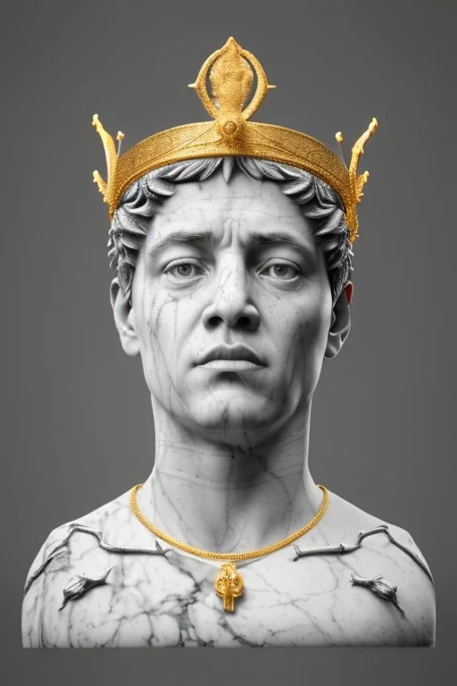 Ultra Realistic image, classic sculpture, white marble material, Maradona, gold crown of natural thorns, god crown, gold veins, gold ornaments, sun rays background, waist up portrait, epic, celestial, cinematic lighting, God lights, 4k resolution, smooth details, soft lighting, unreal engine 5, art station, substance 3d.